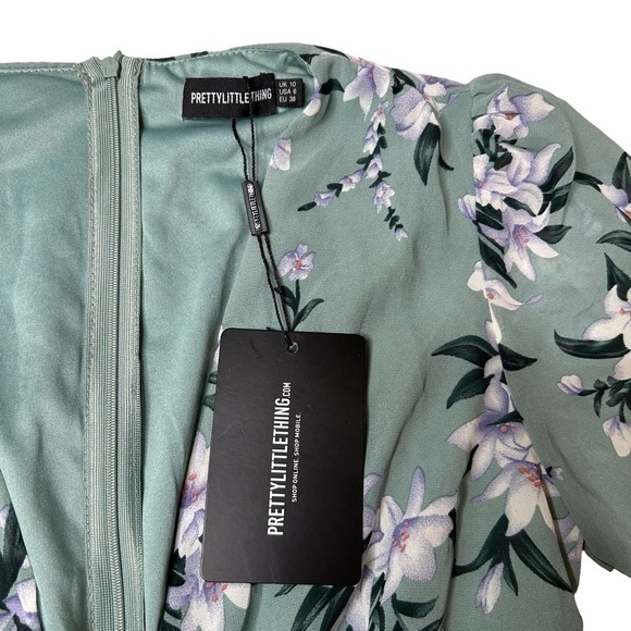 PrettyLittleThing Sage Green Floral Print Chiffon Ruched Long Sleeve Midi Dress - Picture 8 of 16